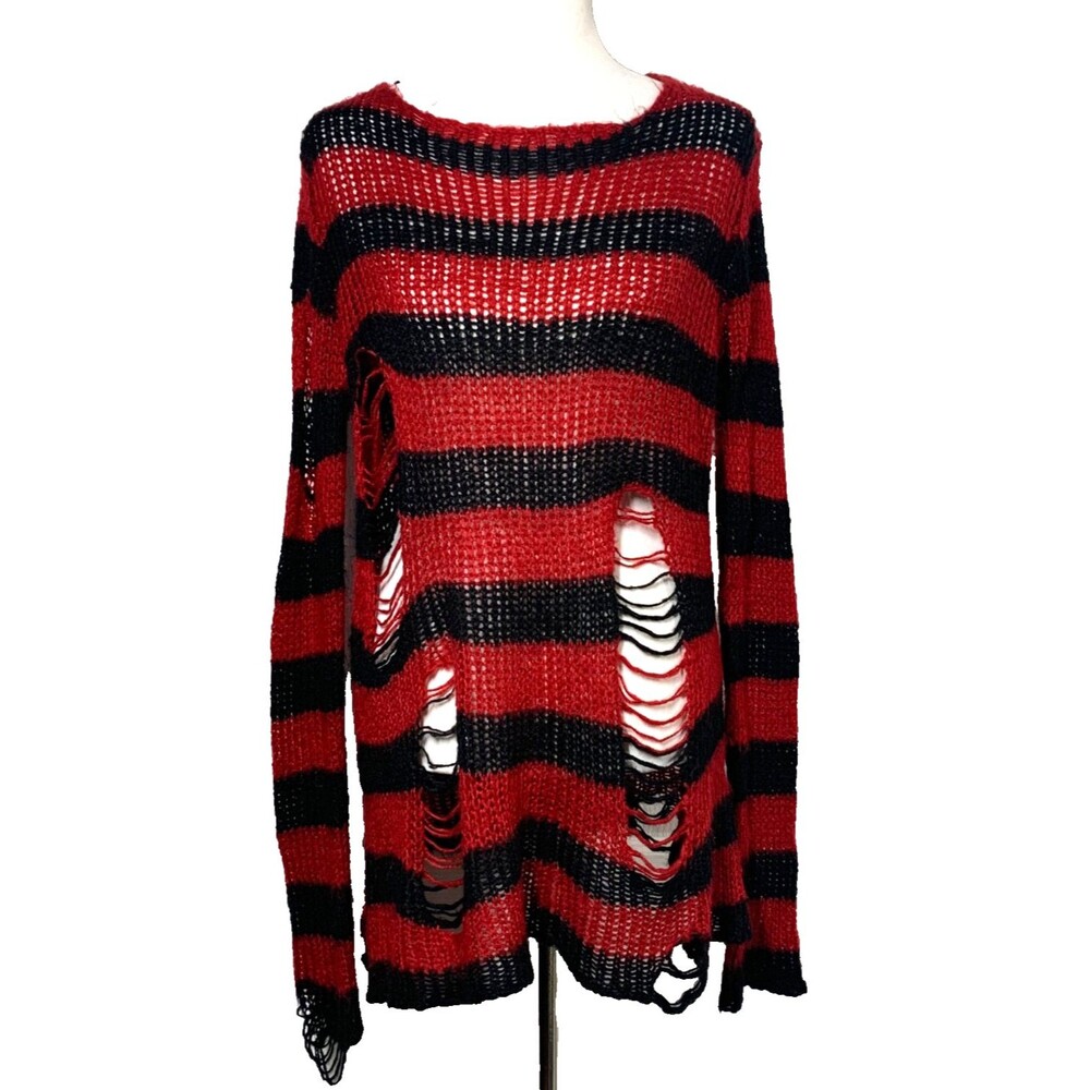 Punk Rave Goth Grunge Shredded Open Knit Sweater Top Black Red Stripe Distressed